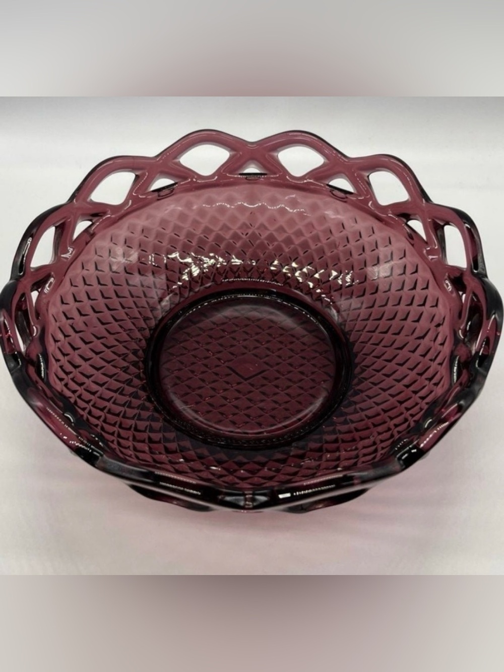Vintage Imperial Glass Amethyst Lace Edge Diamond Bowl 7.5”